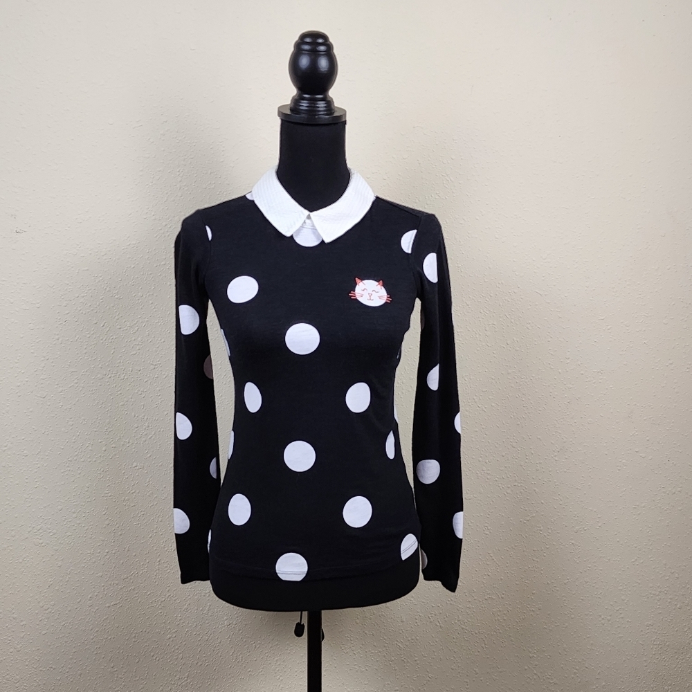 Maison Jules Long Sleeve Shirt with Polka Dots and Embroidered Kitty Size XXS